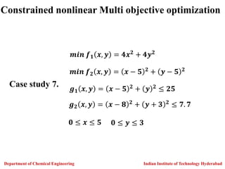 Indian Institute of Technology Hyderabad
Department of Chemical Engineering
𝒎𝒊𝒏 𝒇𝟏 𝒙, 𝒚 = 𝟒𝒙𝟐 + 𝟒𝒚𝟐
𝒎𝒊𝒏 𝒇𝟐 𝒙, 𝒚 = 𝒙 − 𝟓 𝟐
+ 𝒚 − 𝟓 𝟐
𝒈𝟏 𝒙, 𝒚 = 𝒙 − 𝟓 𝟐 + 𝒚 𝟐 ≤ 𝟐𝟓
𝒈𝟐 𝒙, 𝒚 = 𝒙 − 𝟖 𝟐 + 𝒚 + 𝟑 𝟐 ≤ 𝟕. 𝟕
𝟎 ≤ 𝒙 ≤ 𝟓 𝟎 ≤ 𝒚 ≤ 𝟑
Constrained nonlinear Multi objective optimization
Case study 7.
 