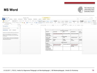 01.02.2017 | FB 03 | Institut für Allgemeine Pädagogik und Berufspädagogik | AB Medienpädagogik | Hands On Workshop 1414
MS Word
 
