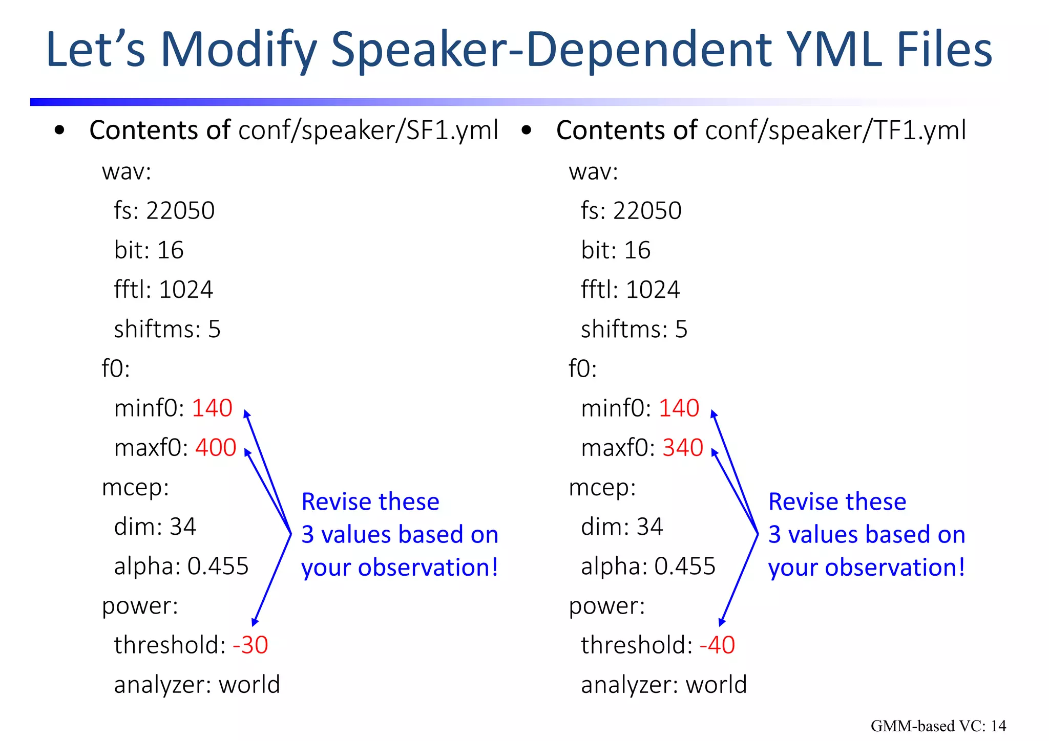 Let’s Modify Speaker‐Dependent YML Files
• Contents of conf/speaker/SF1.yml
wav:
fs: 22050
bit: 16
fftl: 1024
shiftms: 5
f0:
minf0: 140
maxf0: 400
mcep:
dim: 34
alpha: 0.455
power:
threshold: ‐30
analyzer: world
• Contents of conf/speaker/TF1.yml
wav:
fs: 22050
bit: 16
fftl: 1024
shiftms: 5
f0:
minf0: 140
maxf0: 340
mcep:
dim: 34
alpha: 0.455
power:
threshold: ‐40
analyzer: world
Revise these
3 values based on 
your observation! 
Revise these
3 values based on
your observation! 
GMM-based VC: 14
 