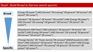 Step4 : Build Broad to Narrow search queries
(Energy OR power*) AND (Harvest* OR scaveng* OR generat* OR harness* OR
extract* OR conver*)
(vibration* OR dynamic* OR kinetic* OR oscillat*) AND (Energy OR power*)
AND (Harvest* OR scaveng* OR generat* OR harness* OR extract* OR
conver*)
(Piezoelectric AND Piezo*) AND (vibration* OR dynamic* OR kinetic* OR
oscillat*) AND (Energy OR power*) AND (Harvest* OR scaveng* OR generat*
OR harness* OR extract* OR conver*)
("Energy Density" OR "Power density"OR compact*)AND(Piezoelectric AND
Piezo*) AND (vibration* OR dynamic* OR kinetic* OR oscillat*) AND (Energy
OR power*) AND (Harvest* OR scaveng* OR generat* OR harness* OR
extract* OR conver*)
Specific
Broad
(c) 2022 . copyrights of original content created here is reserved by the Author - Dr.Rathishchandra R gatti gattirathish 9
 