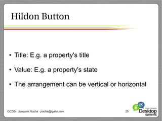 Hildon Button



 ●   Title: E.g. a property's title

 ●   Value: E.g. a property's state

 ●   The arrangement can be vertical or horizontal


GCDS · Joaquim Rocha · jrocha@igalia.com   25
 