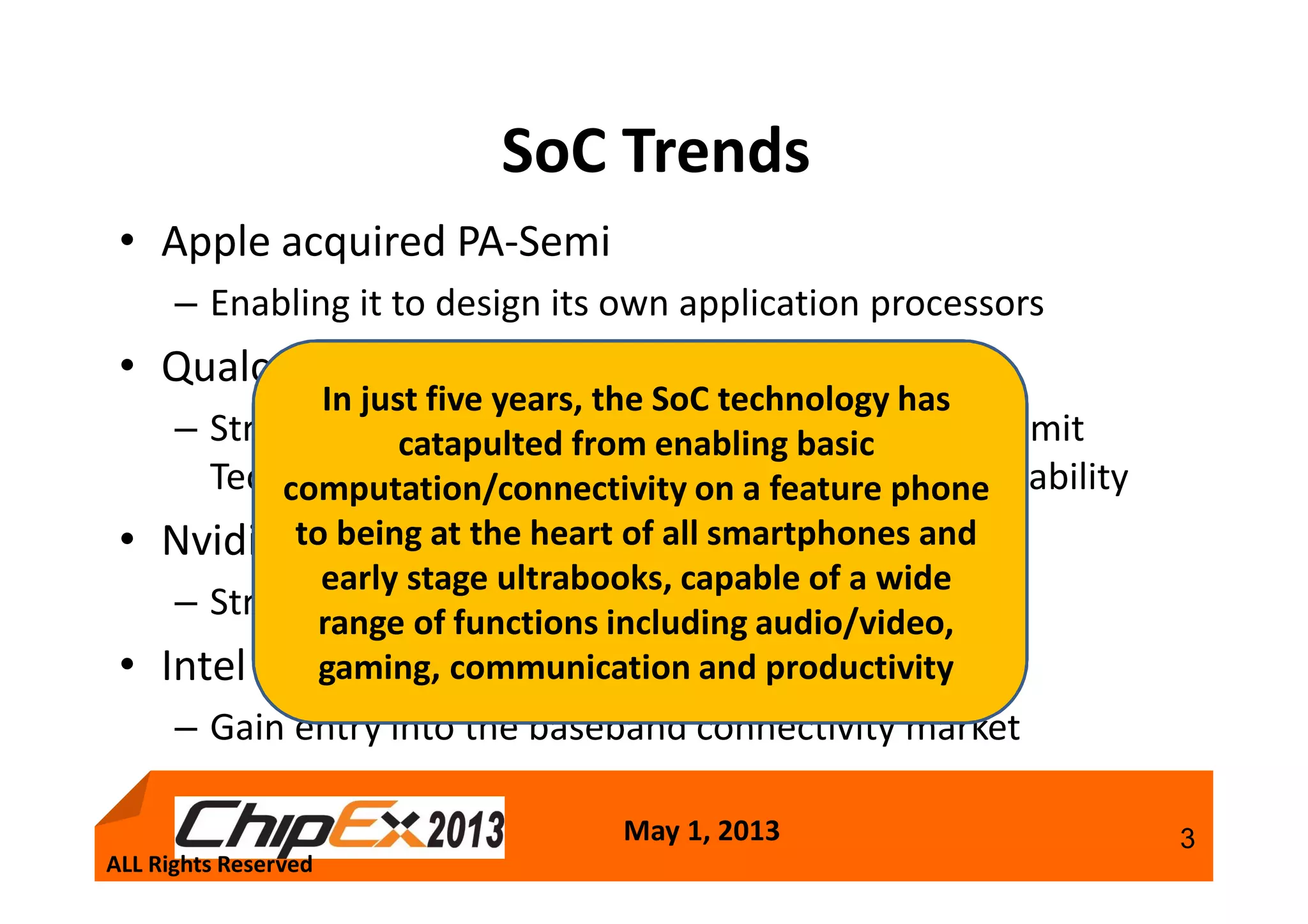 May 1, 2013 3
SoC Trends
• Apple acquired PA-Semi
– Enabling it to design its own application processors
• Qualcomm acquired Atheros
– Strengthen its wireless connectivity suite and Summit
Technology for enhanced power management capability
• Nvidia acquired Icera
– Strengthen its connectivity offering
• Intel acquired Infineon Wireless
– Gain entry into the baseband connectivity market
ALL Rights Reserved
In just five years, the SoC technology has
catapulted from enabling basic
computation/connectivity on a feature phone
to being at the heart of all smartphones and
early stage ultrabooks, capable of a wide
range of functions including audio/video,
gaming, communication and productivity
 