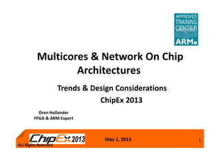 May 1, 2013 1
Trends & Design Considerations
ChipEx 2013
Multicores & Network On Chip
Architectures
ALL Rights Reserved
Oren Hollander
FPGA & ARM Expert
 