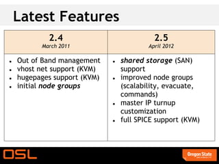 Latest Features
            2.4                             2.5
          March 2011                      April 2012

●   Out of Band management    ●   shared storage (SAN)
●   vhost net support (KVM)       support
●   hugepages support (KVM)   ●   improved node groups
●   initial node groups           (scalability, evacuate,
                                  commands)
                              ●   master IP turnup
                                  customization
                              ●   full SPICE support (KVM)
 