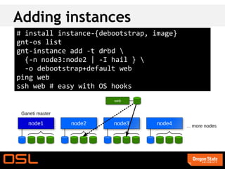 Adding instances
# install instance-{debootstrap, image}
gnt-os list
gnt-instance add -t drbd 
  {-n node3:node2 | -I hail } 
  -o debootstrap+default web
ping web
ssh web # easy with OS hooks
 