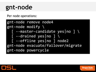 gnt-node
Per node operations:
gnt-node remove node4
gnt-node modify 
  [ --master-candidate yes|no ] 
  [ --drained yes|no ] 
  [ --offline yes|no ] node2
gnt-node evacuate/failover/migrate
gnt-node powercycle
 