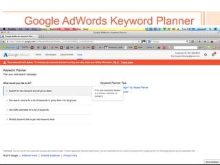 Easy research with KeywordSpy
!  1 of many “spy” tools
!  Analyze domain names
(URLs) or keywords
!  Free, quick & easy
!  Analyze both organic
(SEO) & paid (PPC)
!  Also: keyword
recommendations
!  BUT: different data than
Google – not as good.
!  Other spy tools include:
SpyFu, SEMrush, MOZ,
Compete (can be seen on
SEO Book Tools)
 