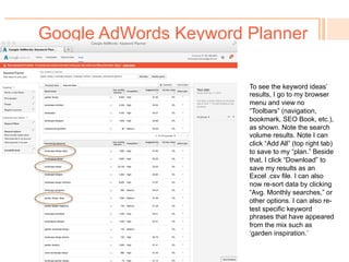 Google AdWords Keyword Planner
! 
After clicking “Get
Ideas,” then this
data appears. I
typically go
straight to
“Keyword
Ideas” (right tab).
 