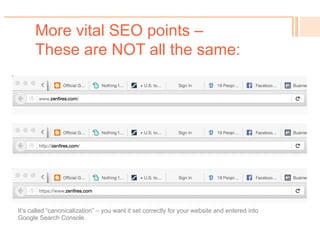 Generating Sitemap Files
!  When you build your
website, or add pages, or
whenever you desire a
Google “boost,” generate a
sitemap.xml file.
Then upload it on your
server.
And notify/submit to Google
in Search Console.
Xml-sitemaps.com is one
option as a free sitemap file
generator (it reads your live
website).
 