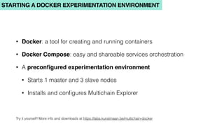 STARTING A DOCKER EXPERIMENTATION ENVIRONMENT
• Docker: a tool for creating and running containers
• Docker Compose: easy and shareable services orchestration
• A preconﬁgured experimentation environment
• Starts 1 master and 3 slave nodes
• Installs and conﬁgures Multichain Explorer
Try it yourself! More info and downloads at https://labs.kunstmaan.be/multichain-docker
 