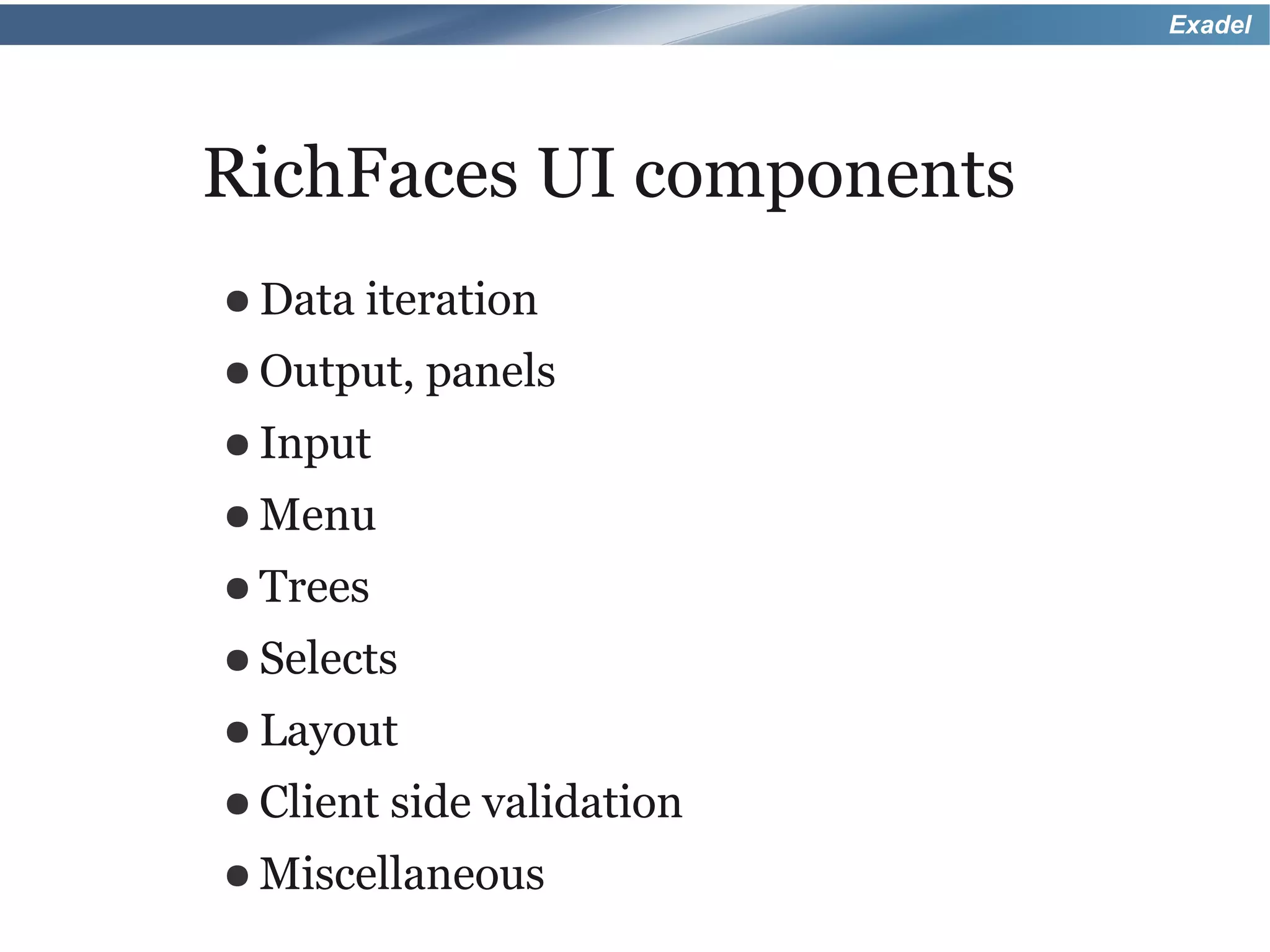 Exadel




RichFaces UI components
● Data iteration
● Output,   panels
● Input
● Menu
● Trees
● Selects
● Layout
● Client side   validation
● Miscellaneous
 