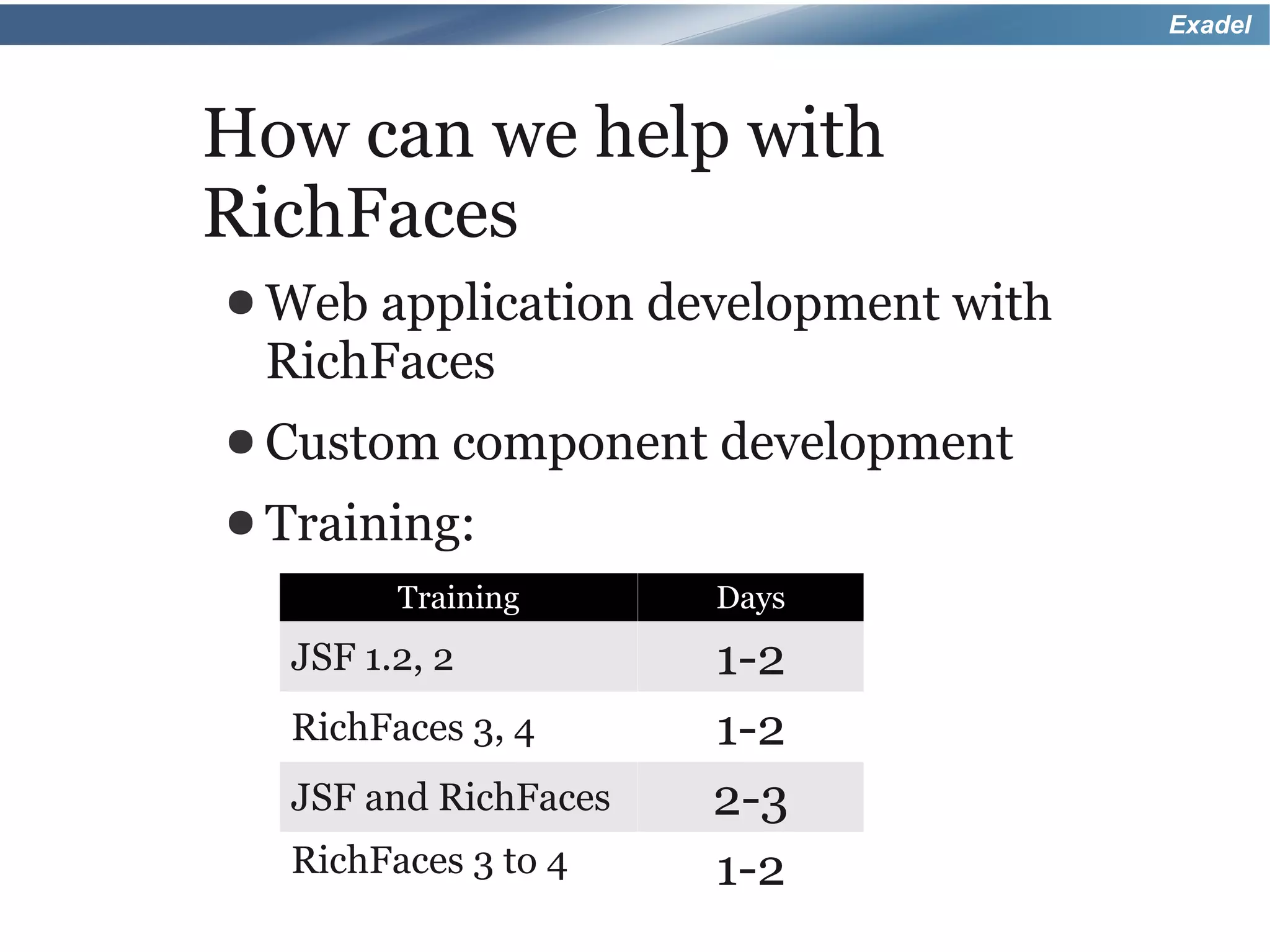 Exadel



How can we help with
RichFaces
● Webapplication development with
 RichFaces
● Custom component    development
● Training:
        Training      Days
  JSF 1.2, 2          1-2
  RichFaces 3, 4      1-2
  JSF and RichFaces   2-3
  RichFaces 3 to 4    1-2
 