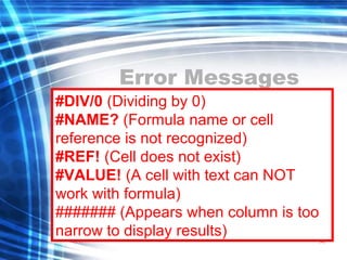 147
Error Messages
#DIV/0 (Dividing by 0)
#NAME? (Formula name or cell
reference is not recognized)
#REF! (Cell does not exist)
#VALUE! (A cell with text can NOT
work with formula)
####### (Appears when column is too
narrow to display results)
 