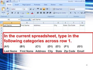 48
In the current spreadsheet, type in the
following categories across row 1.
(A1) (B1) (C1) (D1) (E1) (F1) (G1)
Last Name First Name Address City State Zip Code Email
 