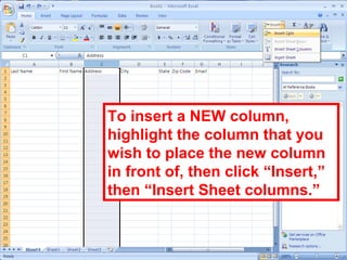 49
To insert a NEW column,
highlight the column that you
wish to place the new column
in front of, then click “Insert,”
then “Insert Sheet columns.”
 
