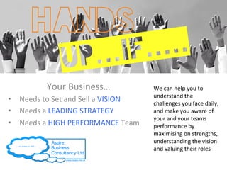 Your 
Business… 
• Needs 
to 
Set 
and 
Sell 
a 
VISION 
• Needs 
a 
LEADING 
STRATEGY 
• Needs 
a 
HIGH 
PERFORMANCE 
Team 
We 
can 
help 
you 
to 
understand 
the 
challenges 
you 
face 
daily, 
and 
make 
you 
aware 
of 
your 
and 
your 
teams 
performance 
by 
maximising 
on 
strengths, 
understanding 
the 
vision 
and 
valuing 
their 
roles 
