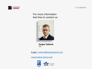 OUR CONTACTS
For more information
feel free to contact us:
Sergey Tsybouk
CEO
E-mail: s.tsybouk@longestchance.com
www.longest-chance.com
 