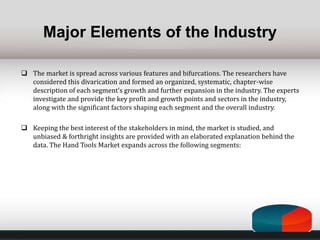 Major Elements of the Industry
 The market is spread across various features and bifurcations. The researchers have
considered this divarication and formed an organized, systematic, chapter-wise
description of each segment’s growth and further expansion in the industry. The experts
investigate and provide the key profit and growth points and sectors in the industry,
along with the significant factors shaping each segment and the overall industry.
 Keeping the best interest of the stakeholders in mind, the market is studied, and
unbiased & forthright insights are provided with an elaborated explanation behind the
data. The Hand Tools Market expands across the following segments:
 