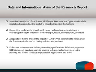 Data and Informational Aims of the Research Report
 A detailed description of the Drivers, Challenges, Restraints, and Opportunities of the
market and surrounding the market to provide all possible fluctuations.
 Competitive landscape to provide with major rivals and market contributors,
consisting of in-depth analysis of their strategies, tactics, business plans, and more.
 A separate section to provide the impact of COVID-19 on the market to better grasp
the fluctuation in the market during and after the pandemic.
 Elaborated information on industry overview, specifications, definitions, suppliers,
R&D status, cost structure analysis, sources, technological advancement in the
industry, and further scope for improvement, applications, and more.
 