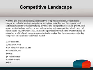 Competitive Landscape
With the goal of clearly revealing the industry's competitive situation, we concretely
analyse not only the leading enterprises with a global voice, but also the regional small
and medium-sized businesses that play key roles and have plenty of potential growth. This
report section is about market current and upcoming major competition, which covers all
stakeholders' key attraction areas. This section provides information to investors based on
a detailed profile of each company operating in the market. And these are some major key
competitor who dominate the overall market –
-Akar Tools Ltd.
-Apex Tool Group
-C&A Hardware Tools Co. Ltd
-Channellock, Inc.
-Dewalt
-JK Files Limited
-Kennametal Inc.
-Other
 