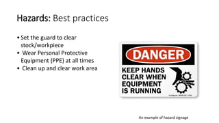 Hazards: Best practices
An example of hazard signage
•Set the guard to clear
stock/workpiece
• Wear Personal Protective
Equipment (PPE) at all times
• Clean up and clear work area
 