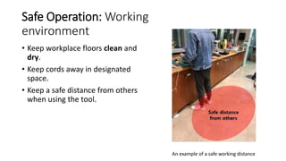 Safe Operation: Working
environment
• Keep workplace floors clean and
dry.
• Keep cords away in designated
space.
• Keep a safe distance from others
when using the tool.
An example of a safe working distance
 