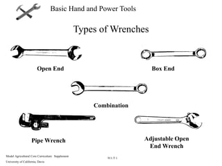 Model Agricultural Core Curriculum: Supplement
University of California, Davis
911.T 1
Basic Hand and Power Tools
Types of Wrenches
Open End Box End
Combination
Adjustable Open
End Wrench
Pipe Wrench
 