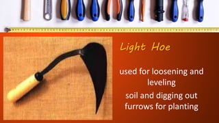 Light Hoe
used for loosening and
leveling
soil and digging out
furrows for planting
 