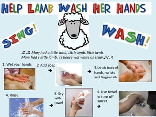 ♬♪♩♫ Mary had a little lamb, Little lamb, little lamb.
            Mary had a little lamb, Its fleece was white as snow.♫♪♩♬ 
1. Wet your hands    2. Add soap
                                                         3.Scrub back of
                                                       hands, wrists
                                                         and fingernails



                                  5. Dry                     6. Use towel
 4. Rinse                                                    to turn off
                                  with
                                  towel                      faucet
                                                            
 