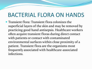 BACTERIAL FLORA ON HANDS
 Transient flora: Transient flora colonizes the
superficial layers of the skin and may be removed by
practicing good hand antisepsis. Healthcare workers
often acquire transient floras during direct contact
with patients or contact with contaminated
environmental surfaces within close proximity of a
patient. Transient flora are the organisms most
frequently associated with healthcare-associated
infections.
 