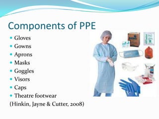 Components of PPE
 Gloves
 Gowns
 Aprons
 Masks
 Goggles
 Visors
 Caps
 Theatre footwear
(Hinkin, Jayne & Cutter, 2008)
 