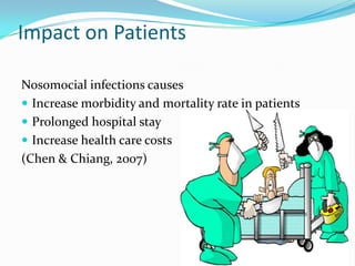 Impact on Patients

Nosomocial infections causes
 Increase morbidity and mortality rate in patients
 Prolonged hospital stay
 Increase health care costs
(Chen & Chiang, 2007)
 