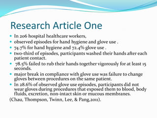 Research Article One
 In 206 hospital healthcare workers,
 observed episodes for hand hygiene and glove use .
 74.7% for hand hygiene and 72.4% glove use .
 two-third of episodes, participants washed their hands after each
  patient contact.
 78.5% failed to rub their hands together vigorously for at least 15
  seconds.
 major break in compliance with glove use was failure to change
  gloves between procedures on the same patient.
 In 28.6% of observed glove use episodes, participants did not
  wear gloves during procedures that exposed them to blood, body
  fluids, excretion, non-intact skin or mucous membranes.
(Chau, Thompson, Twinn, Lee, & Pang,2011).
 