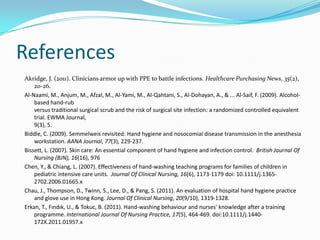 References
Akridge, J. (2011). Clinicians armor up with PPE to battle infections. Healthcare Purchasing News, 35(2),
    20-26.
Al-Naami, M., Anjum, M., Afzal, M., Al-Yami, M., Al-Qahtani, S., Al-Dohayan, A., & ... Al-Saif, F. (2009). Alcohol-
    based hand-rub
    versus traditional surgical scrub and the risk of surgical site infection: a randomized controlled equivalent
    trial. EWMA Journal,
    9(3), 5.
Biddle, C. (2009). Semmelweis revisited: Hand hygiene and nosocomial disease transmission in the anesthesia
    workstation. AANA Journal, 77(3), 229-237.
Bissett, L. (2007). Skin care: An essential component of hand hygiene and infection control. British Journal Of
    Nursing (BJN), 16(16), 976
Chen, Y., & Chiang, L. (2007). Effectiveness of hand-washing teaching programs for families of children in
    pediatric intensive care units. Journal Of Clinical Nursing, 16(6), 1173-1179 doi: 10.1111/j.1365-
    2702.2006.01665.x
Chau, J., Thompson, D., Twinn, S., Lee, D., & Pang, S. (2011). An evaluation of hospital hand hygiene practice
    and glove use in Hong Kong. Journal Of Clinical Nursing, 20(9/10), 1319-1328.
Erkan, T., Fındık, U., & Tokuc, B. (2011). Hand-washing behaviour and nurses' knowledge after a training
    programme. International Journal Of Nursing Practice, 17(5), 464-469. doi:10.1111/j.1440-
    172X.2011.01957.x
 