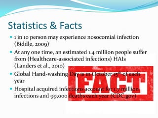 Statistics & Facts
 1 in 10 person may experience nosocomial infection
  (Biddle, 2009)
 At any one time, an estimated 1.4 million people suffer
  from (Healthcare-associated infections) HAIs
  (Landers et al., 2010)
 Global Hand-washing Day is in October 15th of each
  year
 Hospital acquired infections account for 1.7 million
  infections and 99,000 deaths each year (CDC.gov)
 
