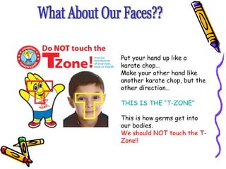 What About Our Faces?? Put your hand up like a karate chop… Make your other hand like another karate chop, but the other direction… THIS IS THE “T-ZONE” This is how germs get into our bodies.  We should NOT touch the T-Zone!! 