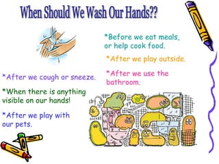 When Should We Wash Our Hands?? *After we cough or sneeze. *Before we eat meals,  or help cook food. *After we play outside. *After we use the bathroom. *When there is anything visible on our hands! *After we play with our pets. 