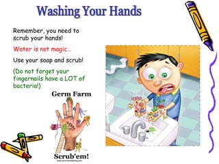 Washing Your Hands Remember, you need to scrub your hands!  Water is not magic…  Use your soap and scrub! (Do not forget your fingernails have a LOT of bacteria!) 