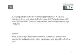 Stil!



     Zugänglichkeit und einfache Reinigbarkeit sowie möglichst
   rückstandsfreie und schnelle Entleerung sind Vorbedingungen für
   eine optimale Maschinennutzung bei der Herstellung hochwertiger
   Produkte!




   besser:!
     Um hochwertige Produkte herstellen zu können, müssen die
   Maschinen gut zugänglich, leicht zu reinigen und schnell entleerbar
   sein.!




                                                                     28	
  
 