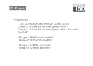 Für Projekte!



    Psychologie !
     !- Test: Spendenaufruf für American Cancer Society  
     !Gruppe 1: „Würden Sie ...