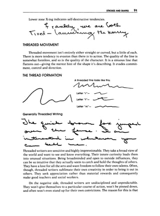 STROKES AND SHAPES 91
Lower zone X-ing indicates self-destructive tendencies.
THREADED MOVEMENT
Threaded movement isn’t entirely either straight or curved, but a little of each.
There is more tendency to evasion than there is to action. The quality of the line is
somewhat formless, and so is the quality of the character. It is a sinuous line that
flattens out-giving the merest hint of the shape it’s describing. It evades commit-
ment, control and direction.
THE THREAD FORMATION
A threaded line looks like this:
Letter “m”- -
-
Generally Threaded Writing
Threaded writers are sensitive and highly impressionable. They take a broad view of
the world and want to see and know everything. Their innate curiosity leads them
into unusual situations. Being broadminded and open to outside influences, they
can be so intuitive that they actually seem to catch and hold the thoughts of others.
They have a love for all the arts and want freedom to follow their own talents. Often,
though, threaded writers sublimate their own creativity in order to bring it out in
others. They seek appreciation rather than material rewards and consequently
make good teachers and social workers.
On the negative side, threaded writers are undisciplined and unpredictable.
They won’t give themselves to a particular course of action, won’t be pinned down,
and often won’t even stand up for their own convictions. The reason for this is that
 