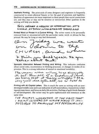 110 HANDWRITING ANALYSIS THE COMPLETE BASICBOOK
Aesthetic Printing. The print-style of some designers and engineers is frequently
constructed to attain physical beauty or for the goal of precision and legibility.
Qualities of appearance are more important to these people than social connections
are, and they may or may not be intuitive or introverted. Other qualities in the
writing will help you decide.
&LL &&OVS' A w€'rH OF: /dmRMAFjON- n ' S
SIMPL€. ZrSPuN.W h w ~ a M A z l W
SPEEO A&Q
Printed Word or Phrase in a Cursive Writing. The writer wants to be personally
removed from or unconnected with the particular name, word, or phrase he has
printed. He may be lying or may feel threatened.
Sporadic Alternation Between Printing and Writing. This indicates confusion
about social roles, inconsistency in thinking processes, or changes in modes of ex-
pression. This is a strong indication of mental or emotional instability.
Printing with All Capital Letters. This is much the same as writing with an over-
developed middle zone and is an indication of self-centeredness, insensitivity to feel-
ing and experience, and focus on daily-lifeactivities. Feelings of guilt block channels
of self-development. The writer may be quite sophisticated and immature at the
same time.
I'VE- mufiy 5 w 0 W D t " t z E a )F p - f q C ~ r ' M h - 7
O ~ W T / N S T ~ ~ ~
O F ~ ~ ~ s E ~ B K E - ~
/ M -
p O S S I l 3 L E ?-U l w e L y I - M Y PEZSOIL)&Ll7-y
 