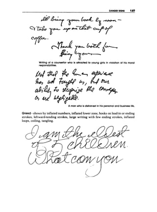 DANGERSIGNS 149
Writing of a counsellor who is attracted to young girls in violation of his morai
responsibilities.
A man who Is dishonest in his personaiand business life.
Greed -shown by inflated numbers, inflated lower zone, hooks on lead-inor ending
strokes, leftward-tendingstrokes, large writing with few ending strokes, inflated
loops, coiling, tangling.
 