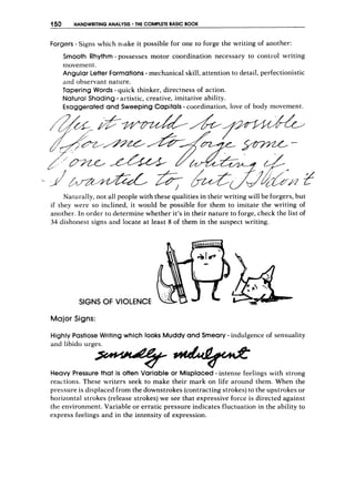 450 HANDWRITING ANALYSIS THE COMPLETE BASIC BOOK
--
Forgers- Signs which niake it possible for one to forge the writing of another:
Smooth Rhythm- possesses motor coordination necessary to control writing
movement.
Angular Letter Formations- mechanical skill, attention to detail, perfectionistic
and observant nature.
Tapering Words - quick thinker, directness of action.
Natural Shading - artistic, creative, imitative ability.
Exaggeratedand Sweeping Capitals- coordination, love of body movement.
Naturally, not all people with these qualities in their writing will be forgers, but
if they were so inclined, it would be possible for them to imitate the writing of
another. In order to determine whether it’s in their nature to forge, check the list of
34 dishonest signs and locate at least 8 of them in the suspect writing.
SIGNS OF VIOLENCE
Major Signs:
Highly Pastiose Writing which looks Muddyand Smeary- indulgence of sensuality
and libido urges.
Heavy Pressure that is often Variable o
r Misplaced- intense feelings with strong
reactions. These writers seek to make their mark on life around them. When the
pressure is displaced from the downstrokes (contracting strokes) to the upstrokes or
horizontal strokes (release strokes) we see that expressive force is directed against
the environment. Variable or erratic pressure indicates fluctuation in the ability to
express feelings and in the intensity of expression.
 