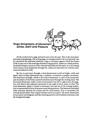 Three Dimensionsof
Zones, Slant and
All the world is but a page and each must write his part. This is the most basic
principle of graphology.Thewriting page, as a background for the writing itself, can
be considered the individual platform, stage or life-spaceagainst which the drama
of life is spun out in the weavingso
fhandwriting patterns. Takenas a whole pattern,
the handwriting is a picture of how the individual fills his life-space.It is the tracing
of his actions as he progresses through life, a physical expression of a mental, emo-
tional and physical state.
We live in and move through a three-dimensional world of height, width and
depth. Each of these dimensions has a symbolic correlation in graphic movement.
The dimension of height, which is the vertical dimension, is seen in the proportion
and movement of the letters upward and downward through the writing zones. The
horizontal dimension,width, is seen in movement from left to right across the page.
You will observe this sideways movement in the angle of letter slope, or slant. The
third dimension, depth, is found in movement into and out of the writing surface,
and is represented by force of pressure and inkingpatterns. Thebalanced individual
seeks harmony between his actions and his environment. If he is successful, his
writing should reflect this in good rhythm and form quality. The three dimensions
of mokementwill integrate, and the resulting patterns will establish a harmony with
the background page.
7
 