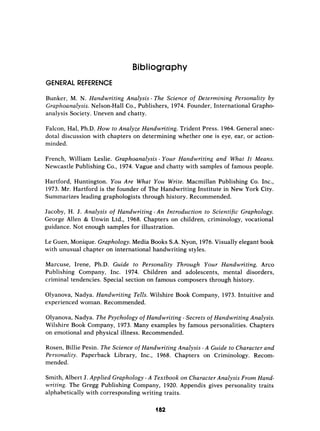 Bib1iograPhY
GENERAL REFERENCE
Bunker, M. N. Handwriting Analysis - The Science of Determining Personality by
Graphoanalysis. Nelson-Hall Co., Publishers, 1974. Founder, International Grapho-
analysis Society. Uneven and chatty.
Falcon, Hal, Ph.D. How to Analyze Handwriting. Trident Press. 1964.General anec-
dotal discussion with chapters on determining whether one is eye, ear, or action-
minded.
French, William Leslie. Graphoanalysis - Your Handwriting and What It Means.
Newcastle Publishing Co., 1974. Vague and chatty with samples of famous people.
Hartford, Huntington. You Are What You Write. Macmillan Publishing Co. Inc.,
1973. Mr. Hartford is the founder of The Handwriting Institute in New York City.
Summarizes leading graphologists through history. Recommended.
Jacoby, H. J. Analysis of Handwriting - A n Introduction to Scientific Graphology.
George Allen & Unwin Ltd., 1968. Chapters on children, criminology, vocational
guidance. Not enough samples for illustration.
Le Guen, Monique. Graphdogy. Media Books S.A. Nyon, 1976.Visually elegant book
with unusual chapter on international handwriting styles.
Marcuse, Irene, Ph.D. Guide to Personality Through Your Handwriting. Arc0
Publishing Company, Inc. 1974. Children and adolescents, mental disorders,
criminal tendencies. Special section on famous composers through history.
Olyanova, Nadya. Handwriting Tells. Wilshire Book Company, 1973. Intuitive and
experienced woman. Recommended.
Olyanova, Nadya. The Psychology of Handwriting - Secrets of Handwriting Analysis.
Wilshire Book Company, 1973. Many examples by famous personalities. Chapters
on emotional and physical illness. Recommended.
Rosen, Billie Pesin. The Science of Handwriting Analysis - A Guide to Character and
Personality. Paperback Library, Inc., 1968. Chapters on Criminology. Recom-
mended.
Smith, Albert J. Applied Graphology - A Textbook on CharacterAnalysis From Hand-
writing. The Gregg Publishing Company, 1920. Appendix gives personality traits
alphabetically with corresponding writing traits.
182
 