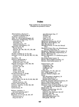 Index
Page numbers for the handwriting
examples are printed in italics.
Abnormalities, physical, 8
Academic community, v
Adler, Dr. Alfred (psychologist), 46
Adolescents’ handwriting, 172- 174
revealed in handwriting, 8
clannishness, 173
disturbed, 174
experimentation, 173
rhythmic disturbance, 173
Aggression, 86, 102
mental, 89, 90
physical, 90, 104, 120, 137, 139, 140
sexual, 141
social, 103
Alcohol, problem of, 71-72, 142
Ambition, 18, 83, 85, 86, 90, 100, 119, 126,
Amorality, 118
Analysis, handwriting, v
diagnosing illness, v
doing your own, 175-181
AnguIar formations, 4, 86, 140, 146
connectors, 103
extreme, 152, 158
letters, 150
shapes, 4, 88
shark’s tooth, 253
strokes, 86, 87-88
connectors, 102-103
extreme, 148
prominent, 58
capitals, 136
manual dexterity, 122
Asimov, Isaac (writer), 95
Audience, need for, 13, 80, 102, 105
Austerity, 139
Authoritarian, 79
127
Arcade formation, 4, 79-80
Artistic ability, 42, 44, 54, 55, 80, 104, 109
Balance, rhythmic, 9
personal maturity and, 9
Balzac (novelist),48
Baselines, 2, 9, 17-25, 26, 145, 157
characteristics, 9
drug use and, 71
ego-adjustment line, 17
levelness, 17
normal, 145
types, 17-19
unsteadiness, 17
Beethoven, Ludwig von, 65, 65
Berkowitz, David (killer), 162
Bill, Max (artist), 95
Biological drives, 19. See also Sexual
Bismarck, Prince Otto von, Schonhausen
Bonaparte, Napoleon (French leader), 74
Bond, Julian (Georgia congressman), 35
Breaks, MZ letters, 16
Brown, Edmund G., Jr. (California gover-
Browning, Robert (poet), 74
Bryant, Anita (singerlcrusader), 111
Burnett, Carol (entertainer), 36
traits
(German chancellor), 96
nor), 34
Capital letters, 136
evaluation, 136
exaggerated, 150
misplaced, 152
tall, 147
Carelessness, 57, 101, 120, 121
Carr, Vikki (singer), 112
Carroll, Diahann (singer), 123
Carter
Amy (President’s daughter), 34
Jimrny (President), 63
Rosalyn (First Lady), 63
Casanova, Giovanni (adventurer/lover),46
Castro, Fidel (Cuban leader), 160
Characteristics, handwriting, 1
Character traits in handwriting, iv, 1. See
Check-mark, 154
Children’s handwriting, 163-174
aZso specific trait checklist, 178-181
adolescents, 172-174
authority, the child and, 166-167
defenses, 168-169
detecting fears, 167-168
disturbed adolescents, 174
fifth grade, 164-166
107
 