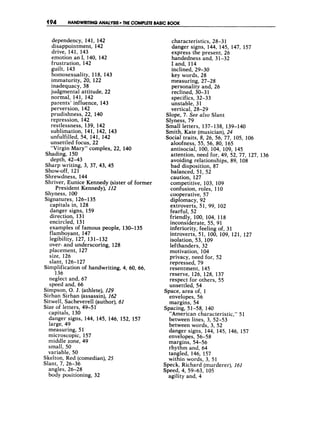 494 HANDWRITINGANALYSIS THE COMPLETEBASICBOOK
dependency, 141, 142
disappointment, 142
drive, 141, 143
emotion a d , 140, 142
frustration, 142
guilt, 143
homosexuality, 118, 143
immaturity, 20, 122
inadequacy, 38
judgmental attitude, 22
normal, 141, 142
parents’ influence, 143
perversion, 142
prudishness, 22, 140
repression, 142
restlessness, 139, 142
sublimation, 141, 142, 143
unfulfilled, 54, 141, 142
unsettled focus, 22
“Virgin Mary” complex, 22, 140
Shading, 150
depth, 42-43
Sharp writing, 3, 37, 43, 45
Shrewdness, 144
Shriver, Eunice Kennedy (sister of former
Shyness, 100
Signatures, 126-1 35
capitals in, 128
danger signs, 159
direction, 131
encircled, 131
examples offamous people, 130-1 35
flamboyant, 147
legibility, 127, 131-132
over- and underscoring, 128
placement, 127
size, 126
slant, 126-127
Show-off, 121
President Kennedy), 112
Simplification of handwriting, 4, 60, 66,
136
neglect and, 67
speed and, 66
Simpson, 0. J. (athlete), 129
Sirhan Sirhan (assassin), 162
Sitwell, Sacheverell (author), 61
Size of letters, 49-51
capitals, 130
danger signs, 144, 145, 146, 152, 157
large, 49
measuring, 51
microscopic, 157
middle zone, 49
small, 50
variable, 50
Skelton, Red (comedian),25
Slant, 7, 26-36
angles, 26-28
body positioning, 32
characteristics, 28-3 1
danger signs, 144, 145, 147, 157
express the present, 26
handedness and, 31-32
I and, 114
inclined, 29-30
key words, 28
measuring, 27-28
personality and, 26
reclined, 30-3 1
specifics, 32-33
unstable, 31
vertical, 28-29
Slope, 7. See also Slant
Slyness, 79
Small letters, 137-138, 139-140
Smith, Kate (musician),24
Social traits, 8, 26, 56, 77, 105, 106
aloofness, 55, 56, 80, 165
antisocial, 100, 104, 109, 145
attention, need for, 49, 52, 77, 127, 136
avoiding relationships, 89, 108
bad disposition, 87
balanced, 51, 52
caution, 127
competitive, 103, 109
confusion, roles, 110
cooperative, 57
diplomacy, 92
extroverts, 51, 99, 102
fearful, 52
friendly, 100, 104, 118
inconsiderate, 55,91
inferiority, feeling of, 31
introverts, 51, 100, 109, 121, 127
isolation, 53, 109
lefthanders, 32
motivation, 104
privacy, need for, 52
repressed, 79
resentment, 145
reserve, 126, 128, 137
respect for others, 55
unsettled, 54
Space, area of, 1
envelopes, 56
margins, 54
Spacing, 51-58, 140
“American characteristic,” 51
between lines, 3, 52-53
between words, 3, 52
danger signs, 144, 145, 146, 157
envelopes, 56-58
margins, 54-56
rhythm and, 64
tangled, 146, 157
within words, 3, 51
Speck, Richard (murderer), 161
Speed, 4, 59-63, 105
aailitv and. 4
 
