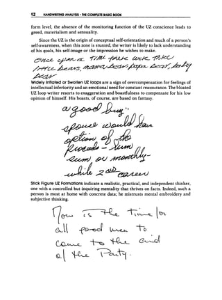 12 HANDWRITING ANALYSIS THE COMPLETE BASICB
O
O
K
form level, the absence of the monitoring function of the U2 conscience leads to
greed, materialism and sensuality.
Since the UZ is the origin o
f conceptual self-orientation and much of a person’s
self-awareness, when this zone is stunted, the writer is likely to lack understanding
of his goals, his self-image or the impression he wishes to make.
*
Widely Inflated or Swollen U2 loops are a sign o
f overcompensation for feelings of
intellectual inferiorityand an emotional need for constant reassurance. The bloated
UZ loop writer resorts to exaggeration and boastfulness to compensate for his low
opinion of himself. His boasts, of course, are based on fantasy.
Stick Figure UZ Formations indicate a realistic, practical, and independent thinker,
one with a controlled but inquiring mentality that thrives on facts. Indeed, such a
person is most at home with concrete data; he mistrusts mental embroidery and
subjective thinking.
 