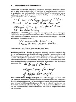 (I4 HANDWRITINGANALYSIS THE COMPLETE BASIC BOOK
Points at the Top of LOOPS are clues to a person of intelligence who thinks of him-
self as being different from others, of marching to a different drum. Sometimes
he feels isolated and lonely and other times thinks himself in possession of special
truths and insights. He is prone to emotional thinking and usually has feelings
against established ideas or authority.
Little Balloons as UZ LOOPS, particularly with a swingling lead-in, are a sure sign of
originality of thought and a sense of humor. These little round areas must be close
to the MZand natural-looking, not isolated embellishments at the end of a long stick,
which would indicate eccentricity.
SPECIFIC CHARACTERISTICS OF THE MIDDLE ZONE
Normal MiddleZone. What the writer thinks of himself and of his role in life, and
how he can be expected to project this self-image onto others is expressed in the MZ.
This area reveals the quality and consistency of effort toward the conscious pursuit
of goals. MZ emphasis is upon social and work activity and shows the individual's
actual progression into the environment. Medium height, in balance with the other
zones, and well-formed letters indicate wholesome selfconfidence and sensible ad-
fld &d &
justment to life.
If the Middle Zone is Strongly Developed, but neither the upper nor lower zones
are, the writer is one who is overly concerned for himself and his own daily activi-
ties. His self-assuranceborders on presumptuousness and conceit, and he will make
great issues of trivial things. The danger to this sort of writer is boredom and con-
finement in a self-centered world. The degree of fluctuation in middle zone letter
size and disconnectedness are indicators of the sensitivity of the person to feeling
and experience.
 